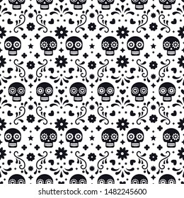 Day of the dead seamless pattern with skulls and flowers on white background. Traditional mexican Halloween design for Dia De Los Muertos holiday party. Ornament from Mexico.