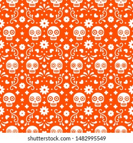 Day of the dead seamless pattern with skulls and flowers on red background. Traditional mexican Halloween design for Dia De Los Muertos holiday party. Ornament from Mexico.