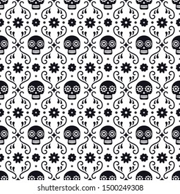 Day of the dead seamless pattern with skulls and flowers on white background. Traditional mexican Halloween design for Dia De Los Muertos holiday party. Ornament from Mexico.