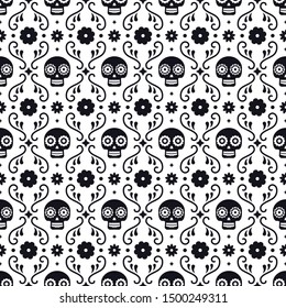 Day of the dead seamless pattern with skulls and flowers on white background. Traditional mexican Halloween design for Dia De Los Muertos holiday party. Ornament from Mexico.