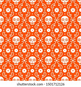 Day of the dead seamless pattern with skulls and flowers on red background. Traditional mexican Halloween design for Dia De Los Muertos holiday party. Ornament from Mexico.