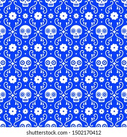 Day of the dead seamless pattern with skulls and flowers on blue background. Traditional mexican Halloween design for Dia De Los Muertos holiday party. Ornament from Mexico.