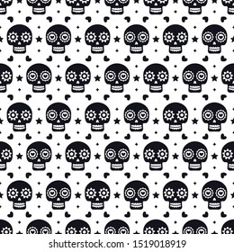 Day of the dead seamless pattern with skulls on white background. Traditional mexican Halloween design for Dia De Los Muertos holiday party. Ornament from Mexico.
