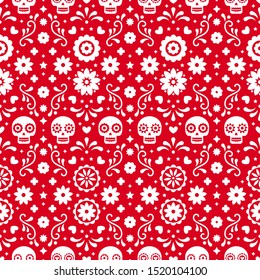 Day of the dead seamless pattern with skulls and flowers on red background. Traditional mexican Halloween design for Dia De Los Muertos holiday party. Ornament from Mexico.