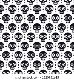 Day of the dead seamless pattern with skulls on white background. Traditional mexican Halloween design for Dia De Los Muertos holiday party. Ornament from Mexico.