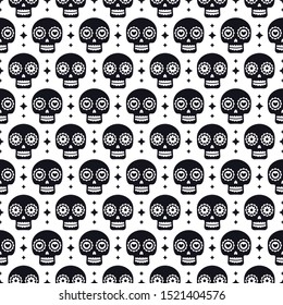 Day of the dead seamless pattern with skulls on white background. Traditional mexican Halloween design for Dia De Los Muertos holiday party. Ornament from Mexico.
