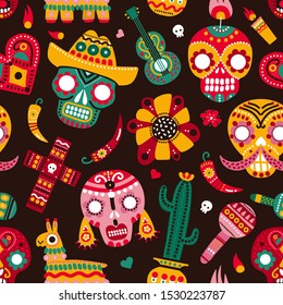 Day of dead seamless pattern. Skulls, guitar and llama hot pepper, heart and flower. Mexican dia de los muertos vector texture