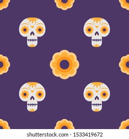 Day of the dead seamless pattern with skulls and flowers.