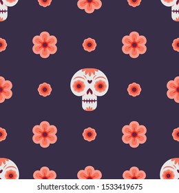 Day of the dead seamless pattern with skulls and flowers.