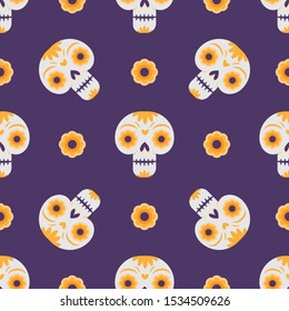 Day of the dead seamless pattern with skulls and flowers.