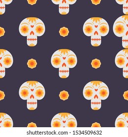 Day of the dead seamless pattern with skulls and flowers.
