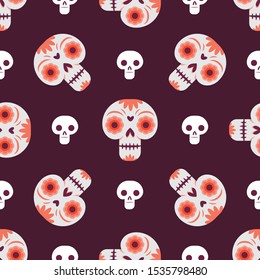 Day of the dead seamless pattern with skulls and flowers.