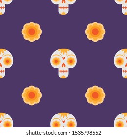 Day of the dead seamless pattern with skulls and flowers.