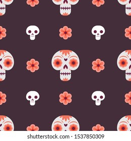 Day of the dead seamless pattern with skulls and flowers.