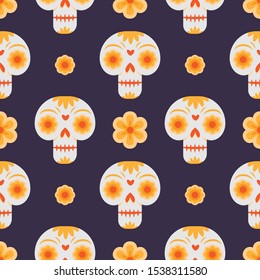 Day of the dead seamless pattern with skulls and flowers.