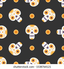 Day of the dead seamless pattern with skulls and flowers.