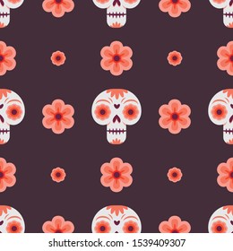 Day of the dead seamless pattern with skulls and flowers.