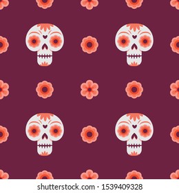 Day of the dead seamless pattern with skulls and flowers.