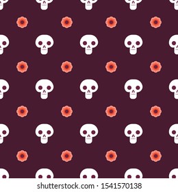 Day of the dead seamless pattern with skulls and flowers.