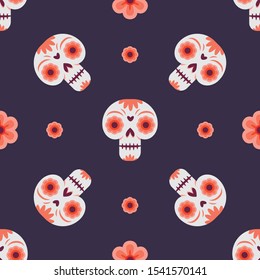 Day of the dead seamless pattern with skulls and flowers.