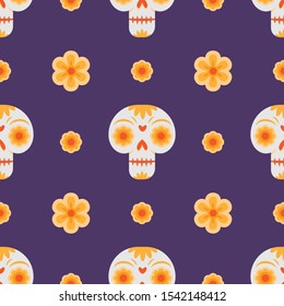 Day of the dead seamless pattern with skulls and flowers.