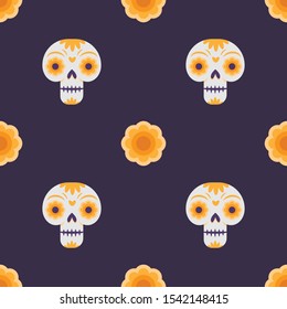 Day of the dead seamless pattern with skulls and flowers.