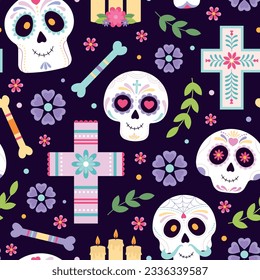Day of dead seamless pattern with skulls, flowers bones and cross. Decorative mexican style fabric print, halloween racy vector background