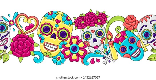 Day of the Dead seamless pattern. Sugar skulls with floral ornament. Mexican talavera ceramic tile traditional decorative objects.
