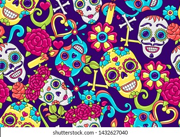 Day of the Dead seamless pattern. Sugar skulls with floral ornament. Mexican talavera ceramic tile traditional decorative objects.