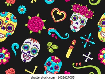 Day of the Dead seamless pattern. Sugar skulls with floral ornament. Mexican talavera ceramic tile traditional decorative objects.