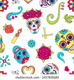 Day of the Dead seamless pattern. Sugar skulls with floral ornament. Mexican talavera ceramic tile traditional decorative objects.