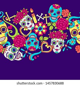 Day of the Dead seamless pattern. Sugar skulls with floral ornament. Mexican talavera ceramic tile traditional decorative objects.