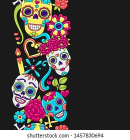 Day of the Dead seamless pattern. Sugar skulls with floral ornament. Mexican talavera ceramic tile traditional decorative objects.