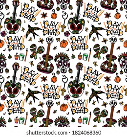 Day of the Dead. Seamless pattern with sugar skulls, maracas, swallow, guitar, flowers and candles for mexican holiday Dia de los Muertos. Vector illustration on white background