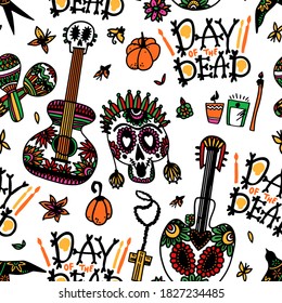 Day of the Dead. Seamless pattern with sugar skulls, maracas, swallow, guitar, flowers and candles for mexican holiday Dia de los Muertos. Vector illustration on white background