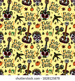 Day of the Dead. Seamless pattern with sugar skulls, maracas, swallow, guitar, flowers and candles for mexican holiday Dia de los Muertos. Vector illustration on orange pastel background