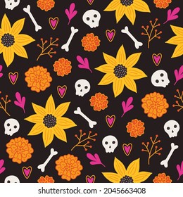 Day of the dead seamless pattern with sunflower, bones, scull, heart, marigold on black background. Dia de los muertos. Perfect for Mexican holidays, wrapping paper, fabric. Vector illustration