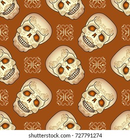 Day of the Dead seamless pattern with traditional sugar skull.  Vector illustration of Mexican holiday "Day of the Dead".