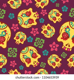 Day of the Dead. Seamless vector pattern with sugar skulls and flowers on purple background