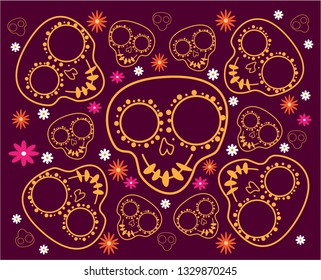 Day of the Dead. Seamless vector pattern with sugar skulls and flowers on red dark background