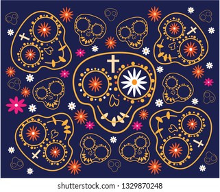 Day of the Dead. Seamless vector pattern with sugar skulls and flowers on blue background. Vector illustration