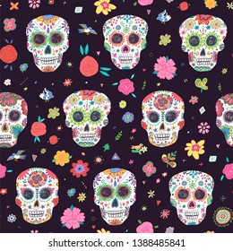 Day of the Dead. Seamless vector pattern with skulls and flowers on dark background. 