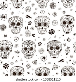 Day of the Dead. Seamless vector pattern with skulls and flowers on dark background. 