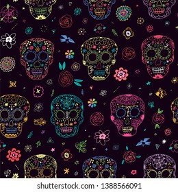 Day of the Dead. Seamless vector pattern with skulls and flowers on dark background. 