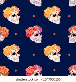 Day of the Dead. Seamless vector pattern with sugar skulls and flowers on dark background.