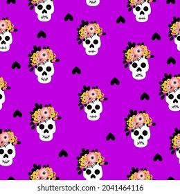 The day of the Dead. Seamless vector pattern with sugar skulls and flowers on a dark background. Mexican sugar skull. Skull repeating wallpaper, Dia de los Muertos