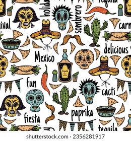 The Day of the Dead seamless vector pattern. Mexican holiday background with sugar skull, burrito, cactus, sombrero, tequila, spicy fast food. Traditional carnival, fiesta for the Dia de los Muertos