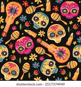 Day of the Dead. Seamless vector pattern with sugar skulls and flowers. Childish background for fabric, wrapping paper, textile, wallpaper and apparel. Vector illustration