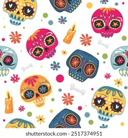 Día de los Muertos. Patrón de Vector sin fisuras con calaveras de azúcar y flores. Fondo infantil para tela, papel de embalaje, textil, Fondo de pantalla y ropa. Ilustración vectorial