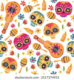 Day of the Dead. Seamless vector pattern with sugar skulls and flowers. Childish background for fabric, wrapping paper, textile, wallpaper and apparel. Vector illustration